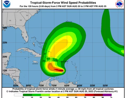 Tormenta tropical Franklin provocará aguaceros fuertes, tormentas eléctricas y ráfagas de viento los próximos tres días sobre el país
