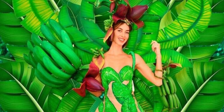 ¡Inspirado en racimos de plátanos! traje típico RD de Mariana Downing en pasarela Miss Universo 2023