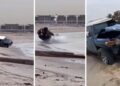 Hombre sale volando por la ventana de su vehículo en una playa de Kuwait