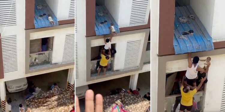 Con maniobra digna de Spiderman, vecinos salvan bebé en peligro en la India