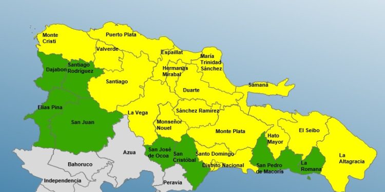 El COE eleva a 17 provincias y al Distrito Nacional en alerta amarilla y 08 en verde