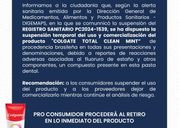Pro Consumidor y Digemaps anuncian retiro y prohibición comercialización de pasta dental Colgate Total Prevención Activa Clean Mint