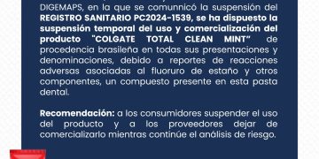Pro Consumidor y Digemaps anuncian retiro y prohibición comercialización de pasta dental Colgate Total Prevención Activa Clean Mint