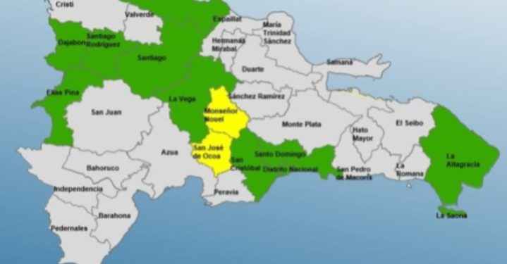 02 provincias en amarilla y 09 y el DN en verde incidencia de una vaguada, Según COE